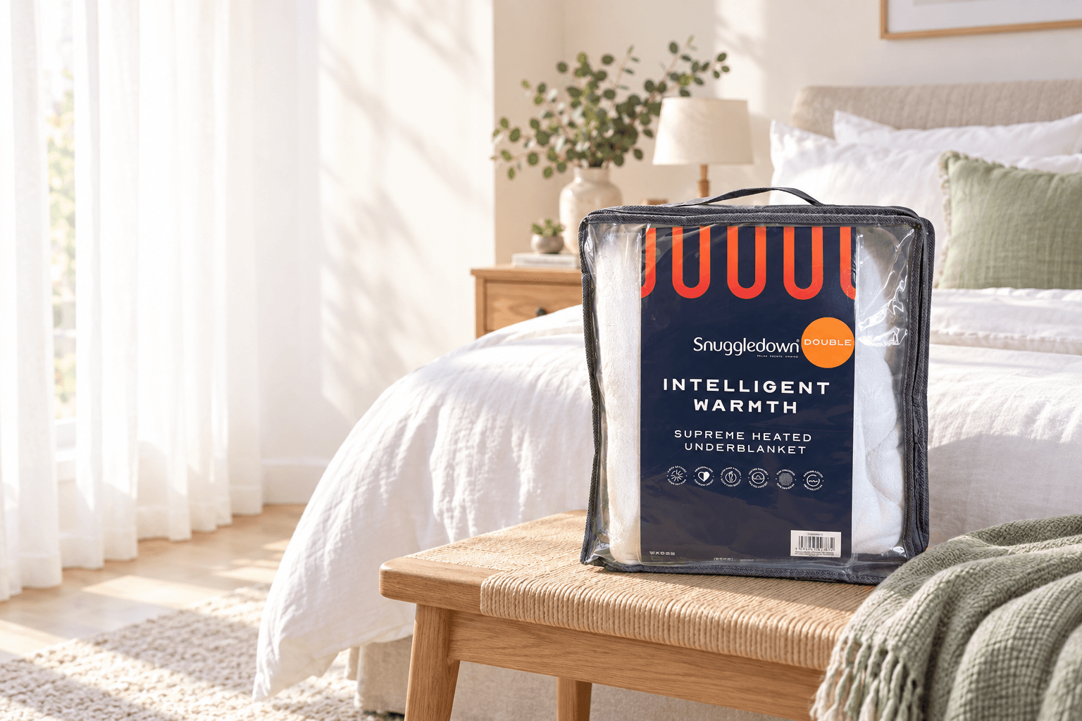 Campaign scene inspired by our Snuggledown Supreme Double packaging, beside a bright white bed.